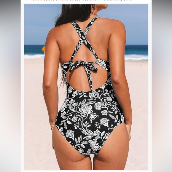 CUPSHE VNeck Double Straps Cross Back Tie One Piece Swimsuit Black White Floral - Picture 13 of 13